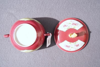 A Chinese famille rose ruby-ground two-handled bowl and cover, Yongzheng